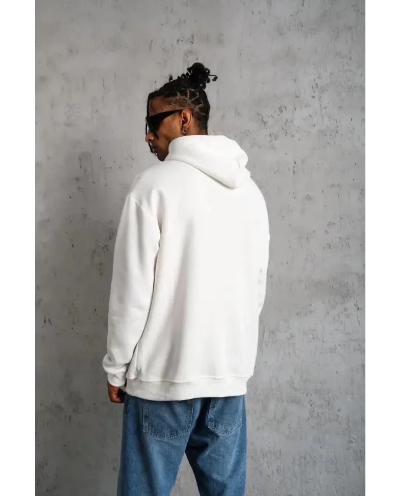 Erkek Oversize Kapüşonlu Sweatshirt Beyaz Üç İplik İçi Pamuklu Kanguru Cepli - Beyaz