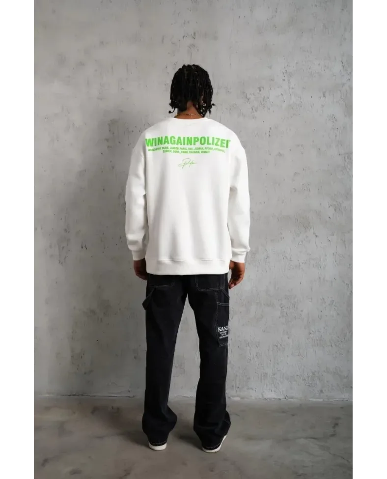 Erkek Oversize Sweatshirt Beyaz | Ön ve Sırt Baskılı Üç İplik İçi Pamuklu Kalıp - Beyaz