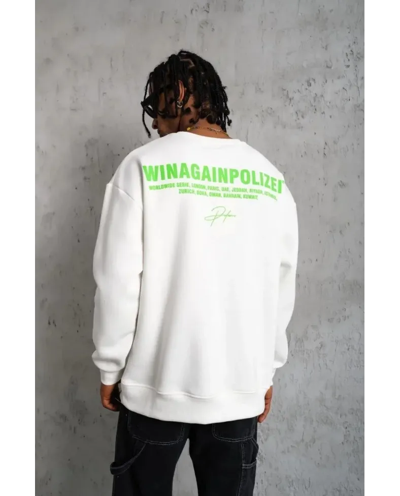 Erkek Oversize Sweatshirt Beyaz | Ön ve Sırt Baskılı Üç İplik İçi Pamuklu Kalıp - Beyaz
