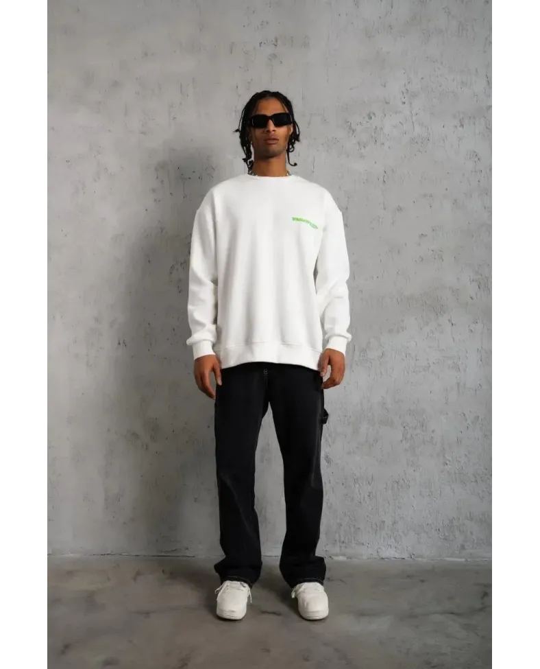 Erkek Oversize Sweatshirt Beyaz | Ön ve Sırt Baskılı Üç İplik İçi Pamuklu Kalıp - Beyaz