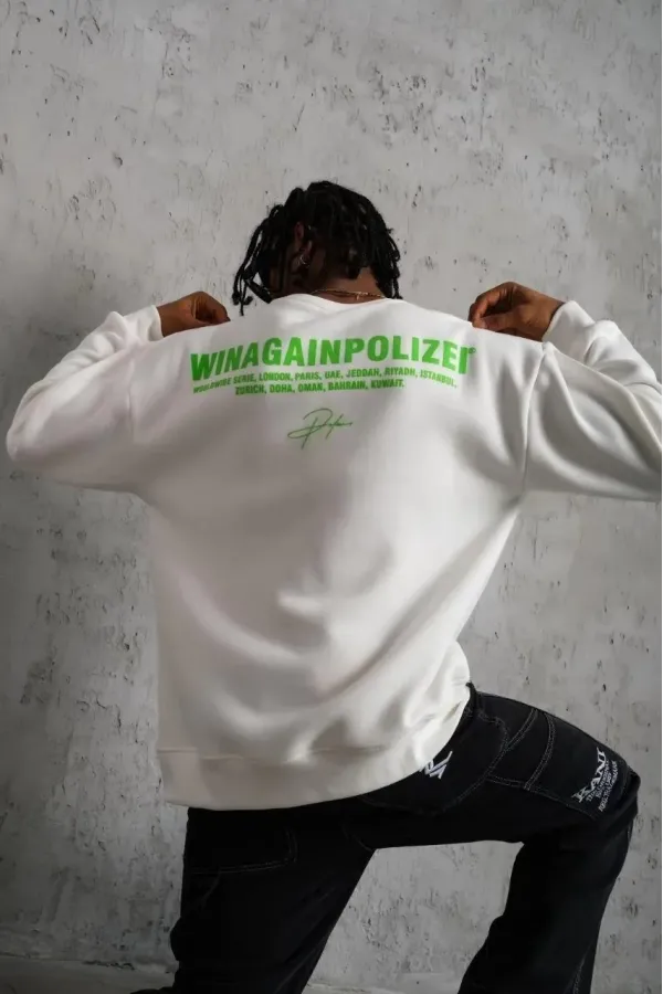 Erkek Oversize Sweatshirt Beyaz | Ön ve Sırt Baskılı Üç İplik İçi Pamuklu Kalıp - Beyaz