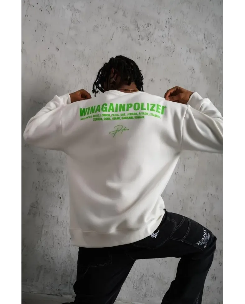 Erkek Oversize Sweatshirt Beyaz | Ön ve Sırt Baskılı Üç İplik İçi Pamuklu Kalıp - Beyaz