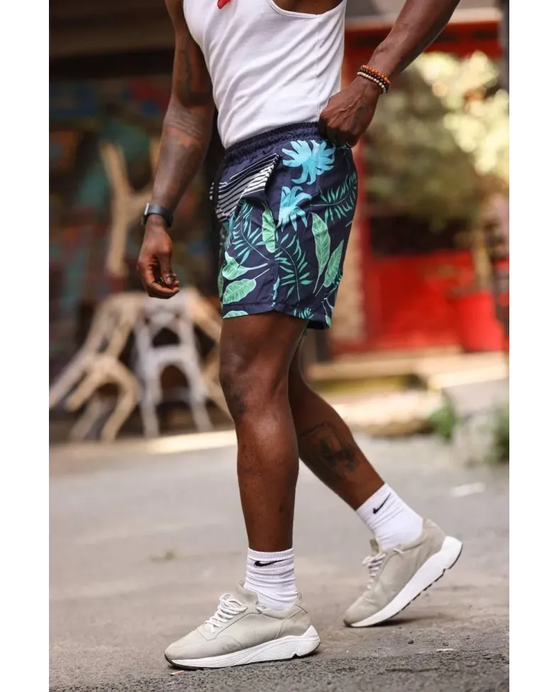 Erkek Palmiye Desenli Deniz Cepli Şort - Mavi