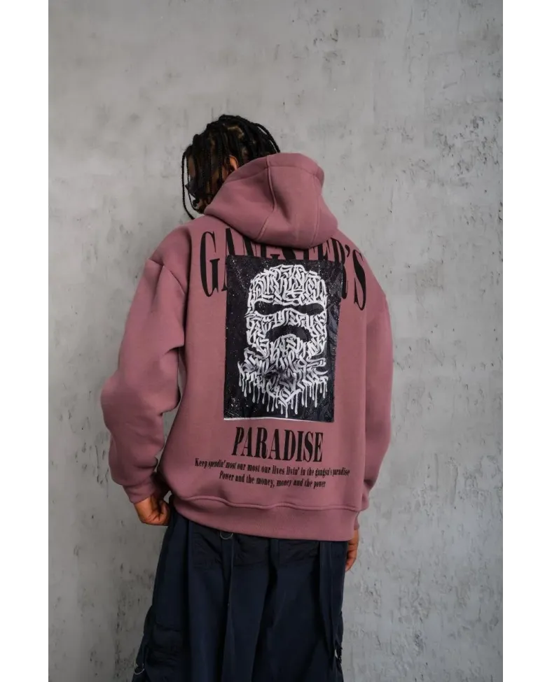 Erkek Paradise Baskılı Kapüşonlu Sweat - Gül Kurusu