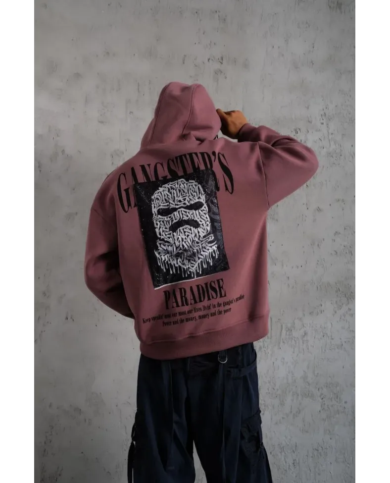 Erkek Paradise Baskılı Kapüşonlu Sweat - Gül Kurusu