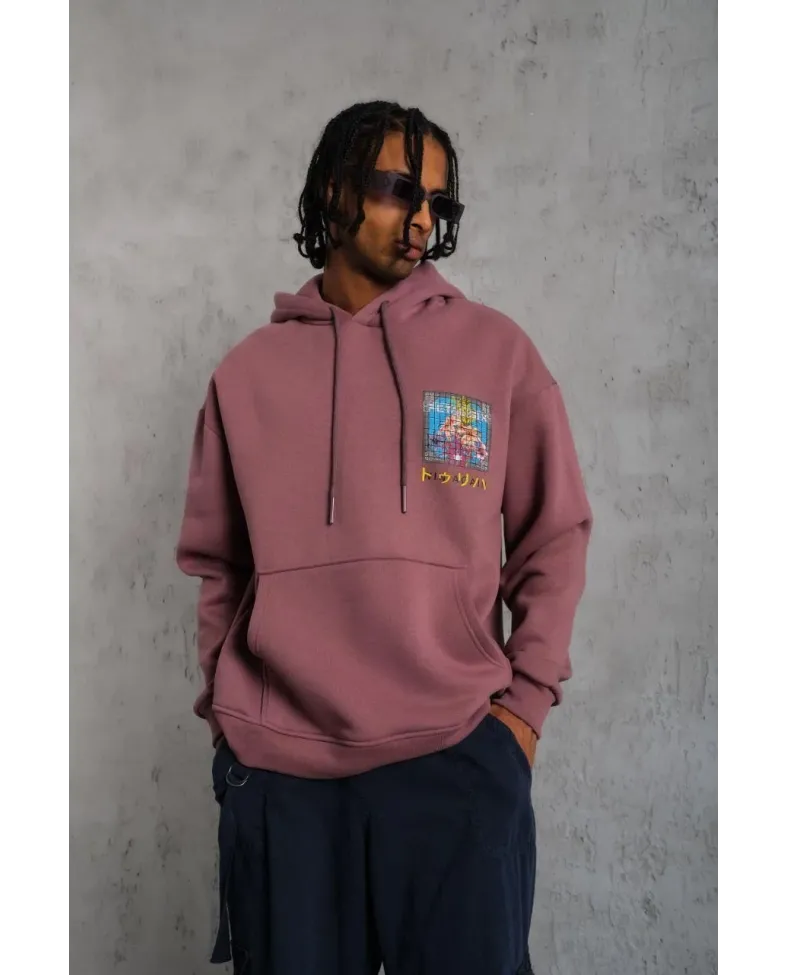 Erkek Patel Six Baskılı Kapüşonlu Sweat - Gül Kurusu