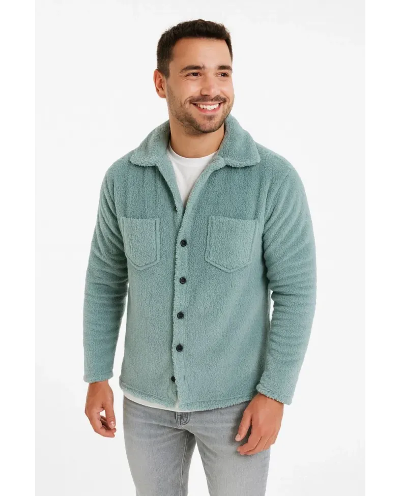 Erkek Pelüş Polar Hırka Gömlek Yakalı İlik Düğmeli Göğüs Cepli Yumuşak - Bebe Mavisi