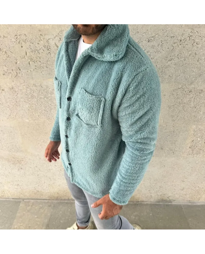 Erkek Pelüş Polar Hırka Gömlek Yakalı İlik Düğmeli Göğüs Cepli Yumuşak - Bebe Mavisi