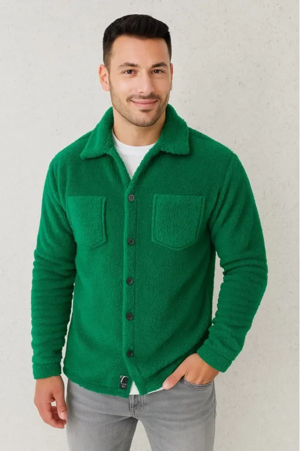 Erkek Pelüş Polar Hırka Gömlek Yakalı İlik Düğmeli Göğüs Cepli Yumuşak - Çimen Yeşili