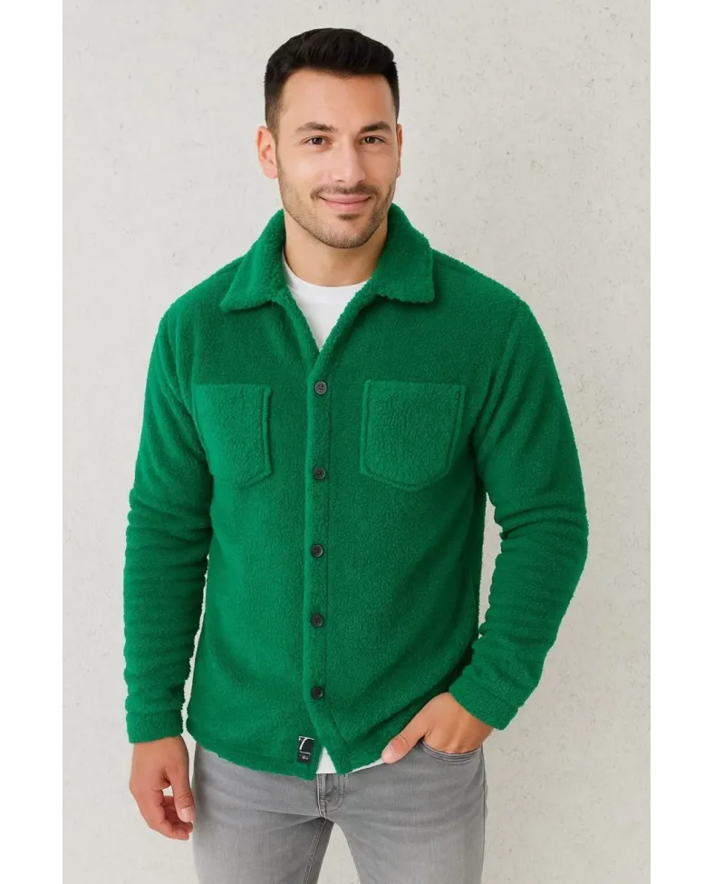 Erkek Pelüş Polar Hırka Gömlek Yakalı İlik Düğmeli Göğüs Cepli Yumuşak - Çimen Yeşili