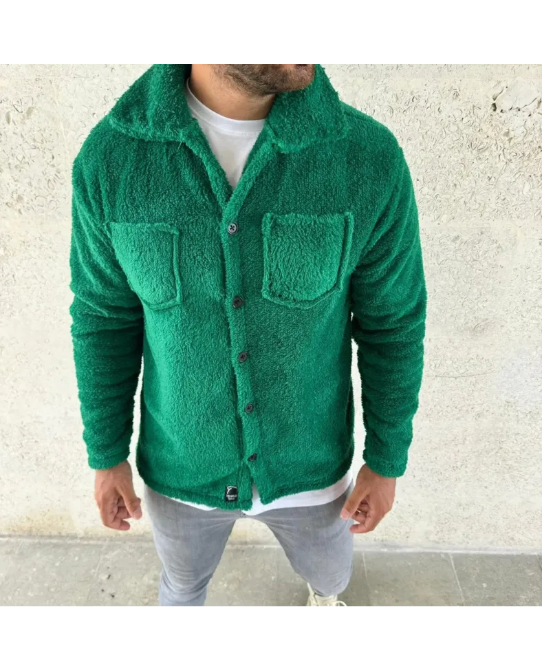 Erkek Pelüş Polar Hırka Gömlek Yakalı İlik Düğmeli Göğüs Cepli Yumuşak - Çimen Yeşili