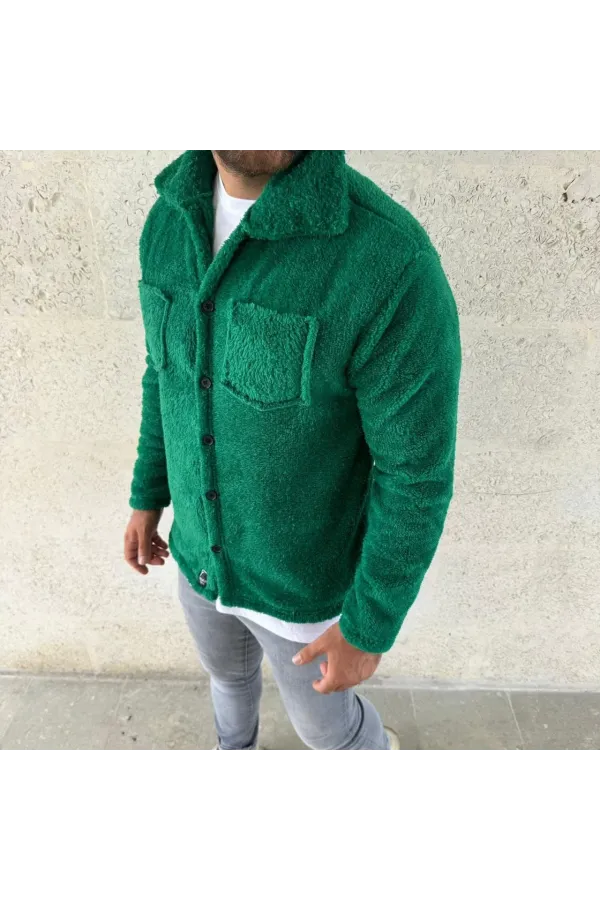 Erkek Pelüş Polar Hırka Gömlek Yakalı İlik Düğmeli Göğüs Cepli Yumuşak - Çimen Yeşili