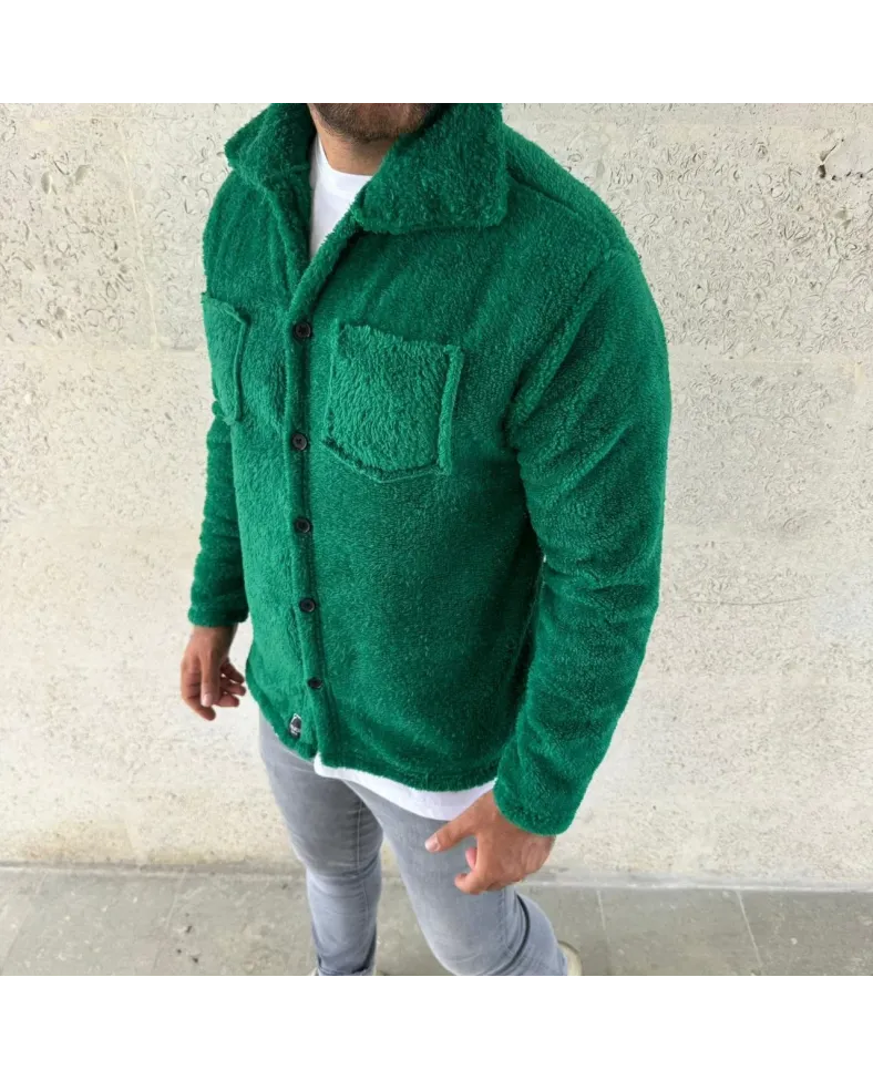 Erkek Pelüş Polar Hırka Gömlek Yakalı İlik Düğmeli Göğüs Cepli Yumuşak - Çimen Yeşili