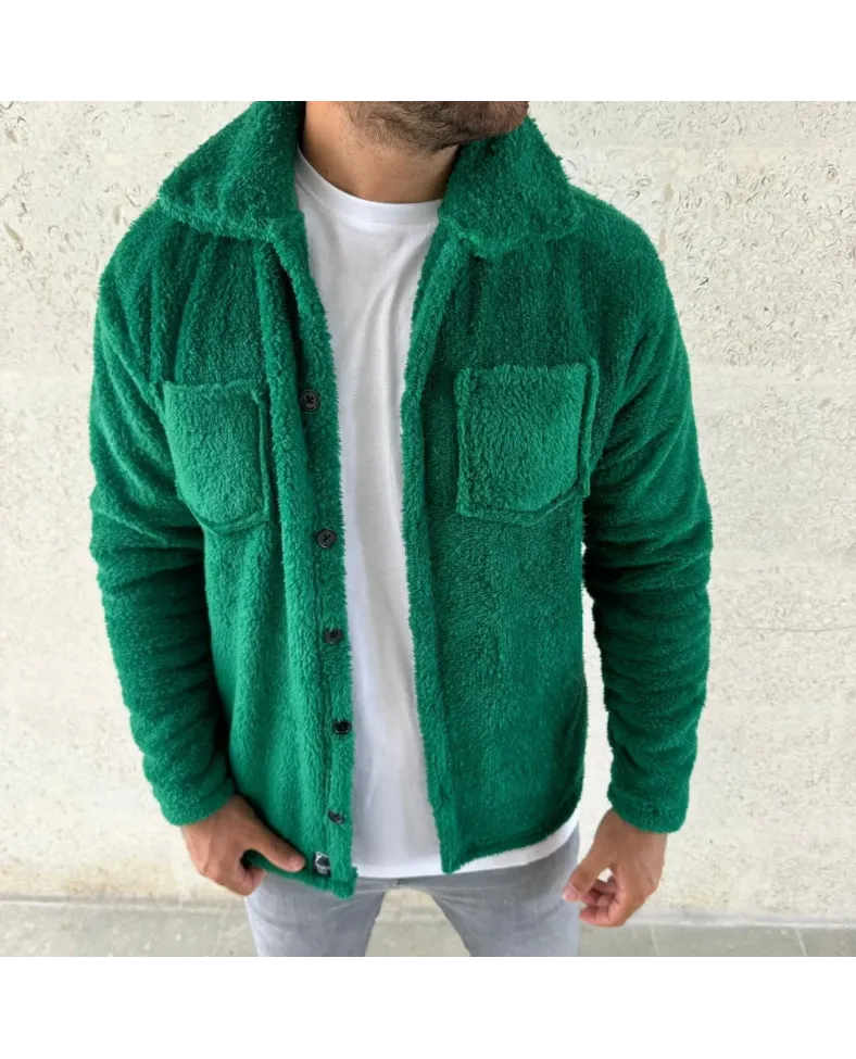 Erkek Pelüş Polar Hırka Gömlek Yakalı İlik Düğmeli Göğüs Cepli Yumuşak - Çimen Yeşili
