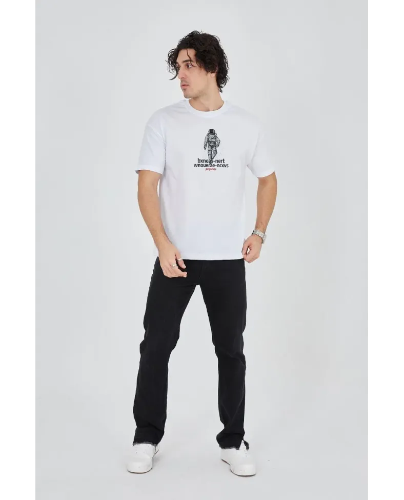 Erkek Baskılı T-Shirt Kısa Kol Bisiklet Yaka Regular Fit Rahat Kalıp Günlük Tişört - Beyaz