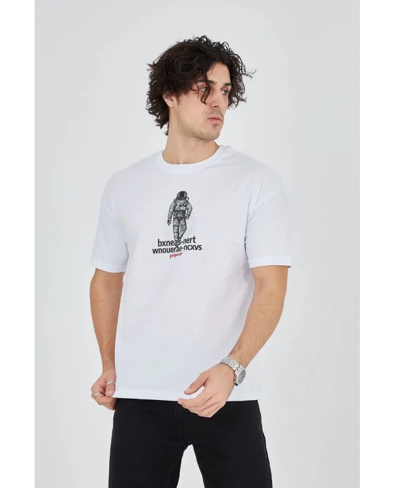 Erkek Baskılı T-Shirt Kısa Kol Bisiklet Yaka Regular Fit Rahat Kalıp Günlük Tişört - Beyaz