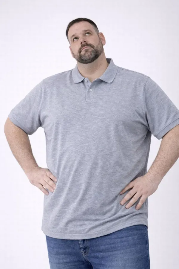 Erkek Polo Yaka Düğmeli Pike Kumaş Tişört Battal Beden Kısa Kol T-Shirt - Gri