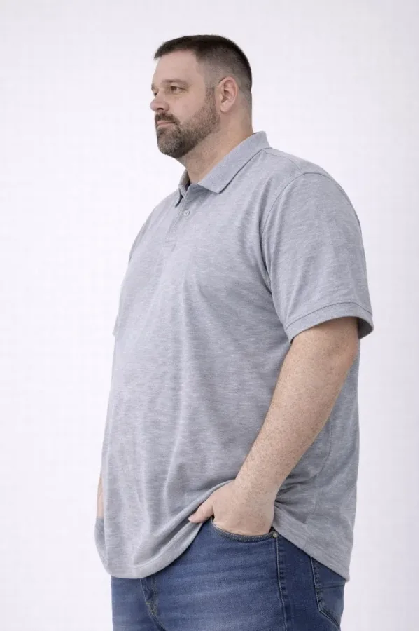 Erkek Polo Yaka Düğmeli Pike Kumaş Tişört Battal Beden Kısa Kol T-Shirt - Gri