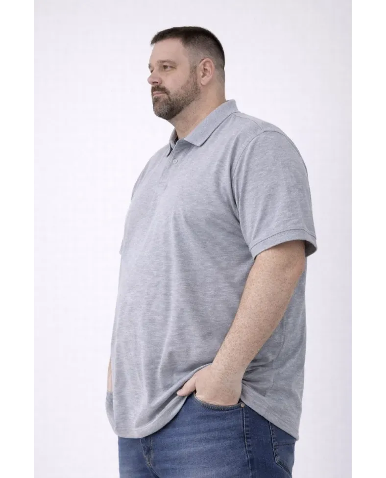 Erkek Polo Yaka Düğmeli Pike Kumaş Tişört Battal Beden Kısa Kol T-Shirt - Gri