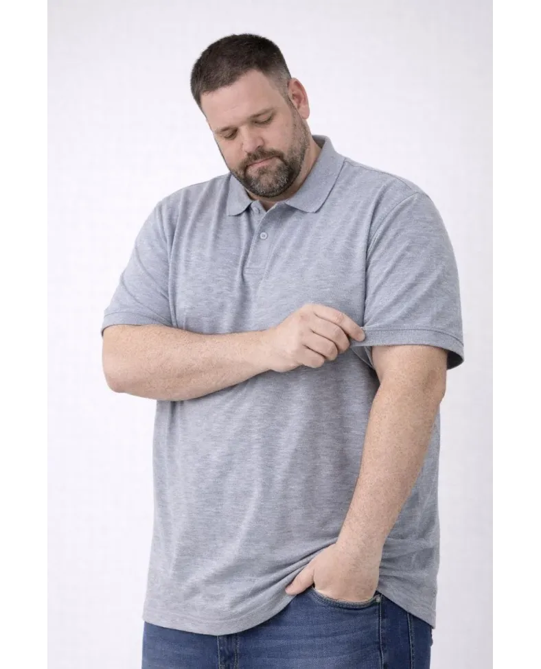 Erkek Polo Yaka Düğmeli Pike Kumaş Tişört Battal Beden Kısa Kol T-Shirt - Gri