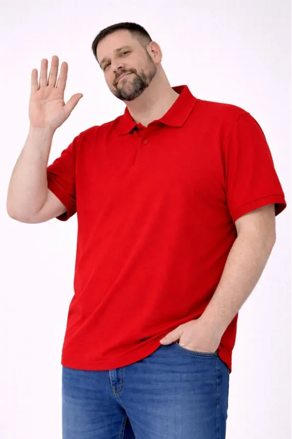 Erkek Pike Kumaş Düğmeli Yaka Battal Büyük Beden Günlük Kısa kol Tişört T-shirt - Kırmızı