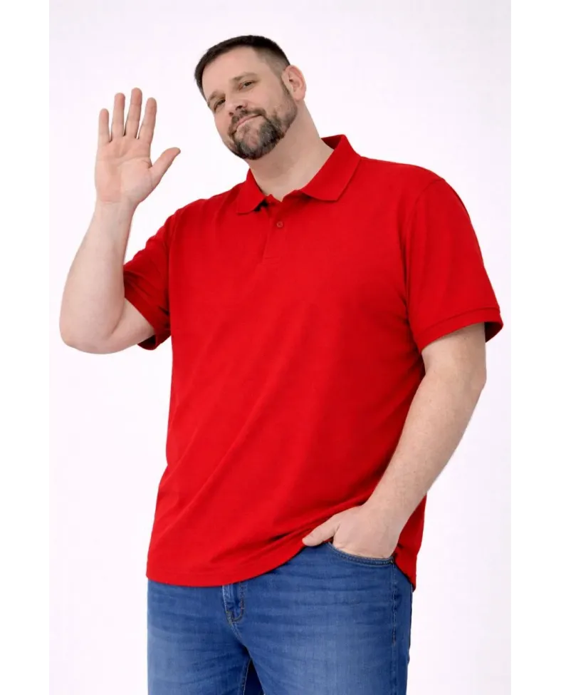 Erkek Pike Kumaş Düğmeli Yaka Battal Büyük Beden Günlük Kısa kol Tişört T-shirt - Kırmızı