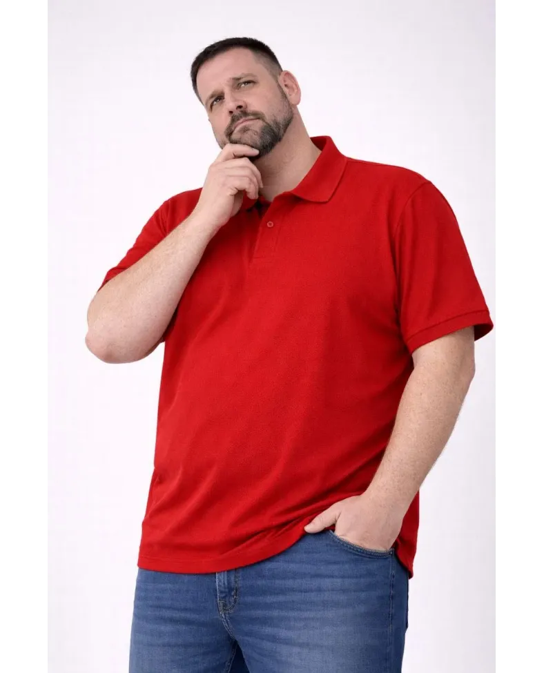 Erkek Pike Kumaş Düğmeli Yaka Battal Büyük Beden Günlük Kısa kol Tişört T-shirt - Kırmızı