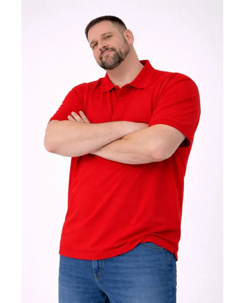 Erkek Pike Kumaş Düğmeli Yaka Battal Büyük Beden Günlük Kısa kol Tişört T-shirt - Kırmızı