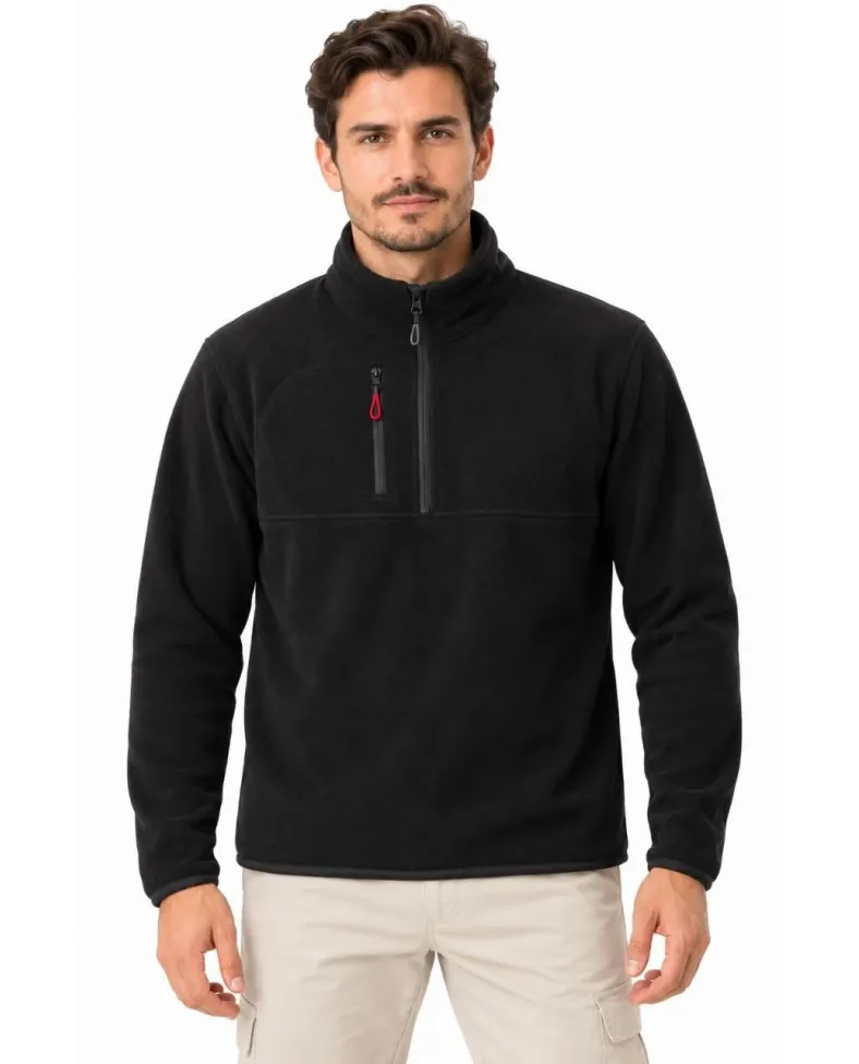 Erkek Polar Dik Yaka Yarım Fermuarlı Fermuarlı Göğüs Cepli Regular Fit Kışlık Sweatshirt - Siyah