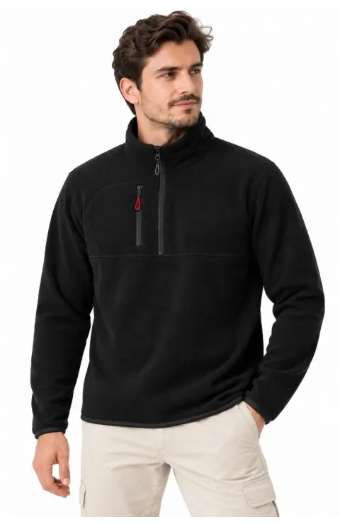 Erkek Polar Dik Yaka Yarım Fermuarlı Fermuarlı Göğüs Cepli Regular Fit Kışlık Sweatshirt - Siyah