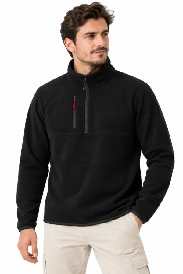 Erkek Polar Dik Yaka Yarım Fermuarlı Fermuarlı Göğüs Cepli Regular Fit Kışlık Sweatshirt - Siyah