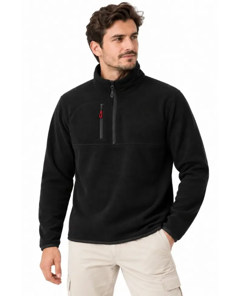 Erkek Polar Dik Yaka Yarım Fermuarlı Fermuarlı Göğüs Cepli Regular Fit Kışlık Sweatshirt - Siyah