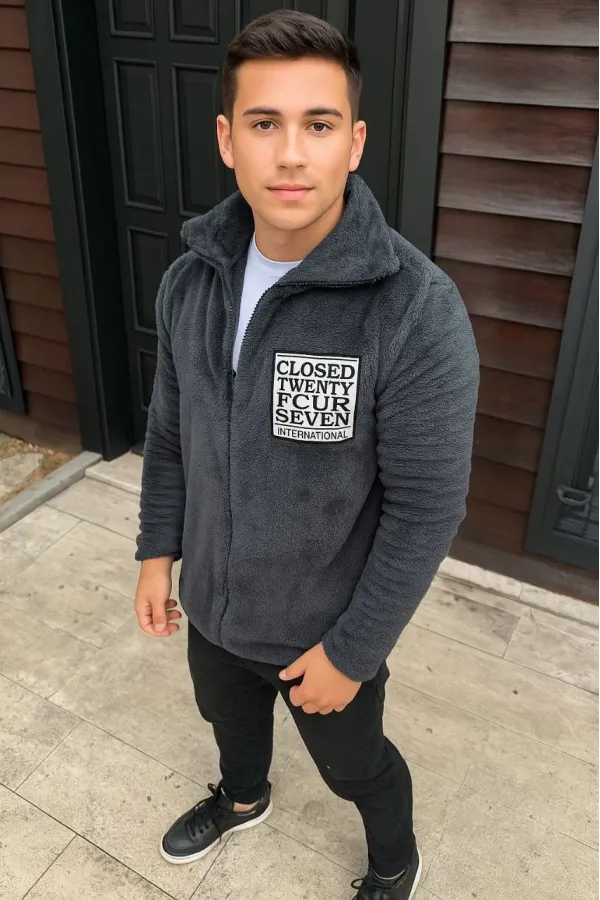 Erkek Polar Fermuarlı Sweatshirt Kapüşonsuz Cepli Yumuşak Dokulu Oversize Kalıp - Füme