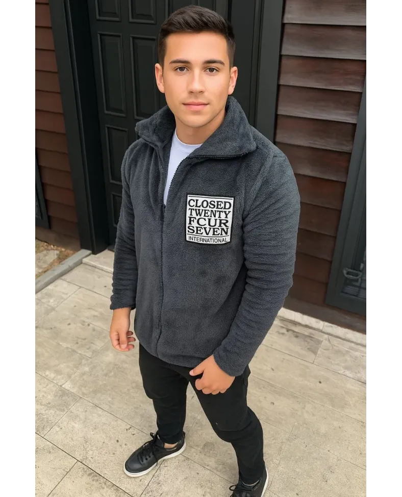 Erkek Polar Fermuarlı Sweatshirt Kapüşonsuz Cepli Yumuşak Dokulu Oversize Kalıp - Füme