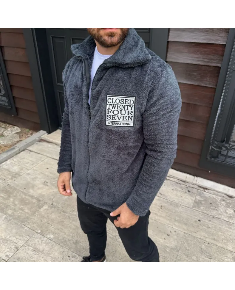 Erkek Polar Fermuarlı Sweatshirt Kapüşonsuz Cepli Yumuşak Dokulu Oversize Kalıp - Füme