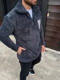 Erkek Polar Fermuarlı Sweatshirt Kapüşonsuz Cepli Yumuşak Dokulu Oversize Kalıp - Füme