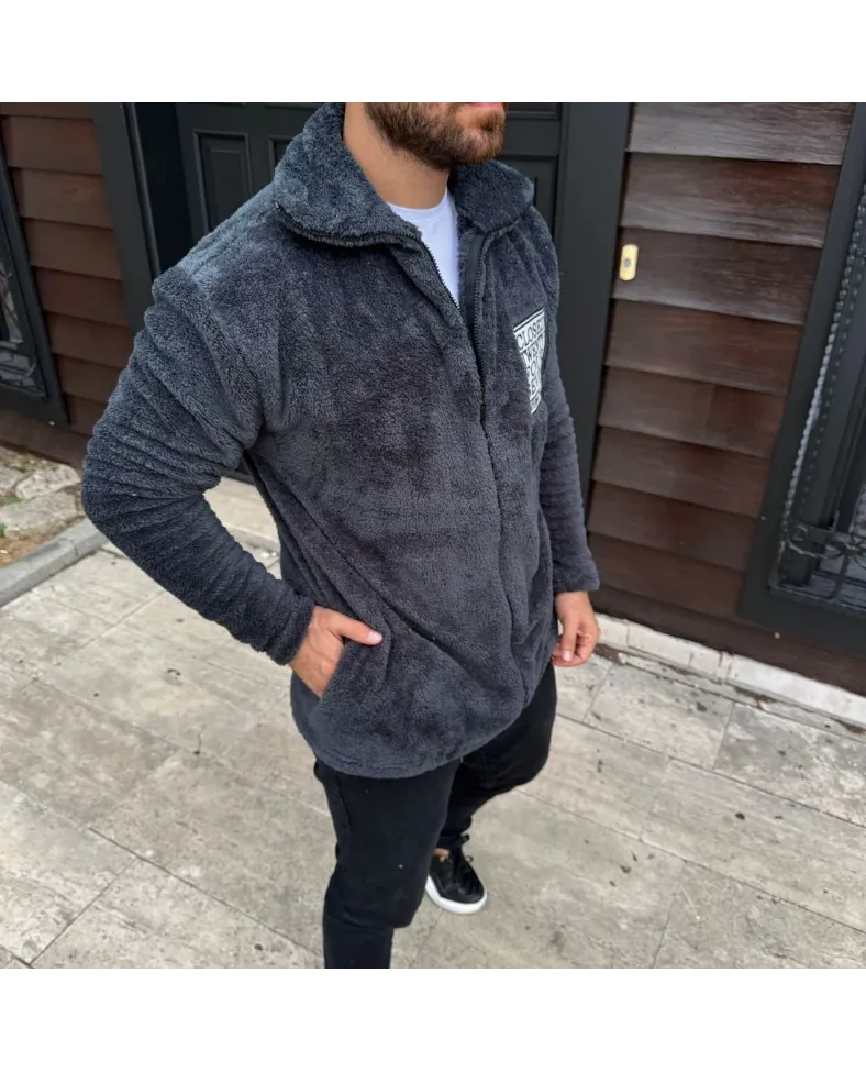 Erkek Polar Fermuarlı Sweatshirt Kapüşonsuz Cepli Yumuşak Dokulu Oversize Kalıp - Füme