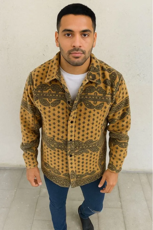 Erkek Polar Fermuarlı Sweatshirt Kapüşonsuz Cepli Yumuşak Dokulu Oversize Kalıp - Sarı