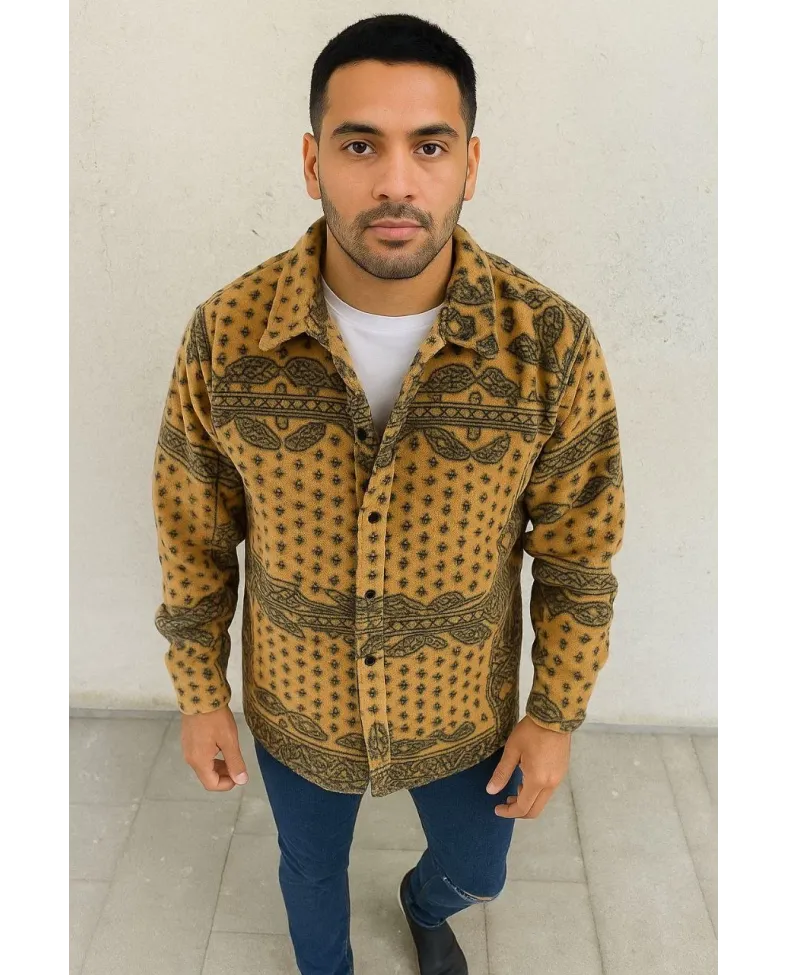 Erkek Polar Fermuarlı Sweatshirt Kapüşonsuz Cepli Yumuşak Dokulu Oversize Kalıp - Sarı