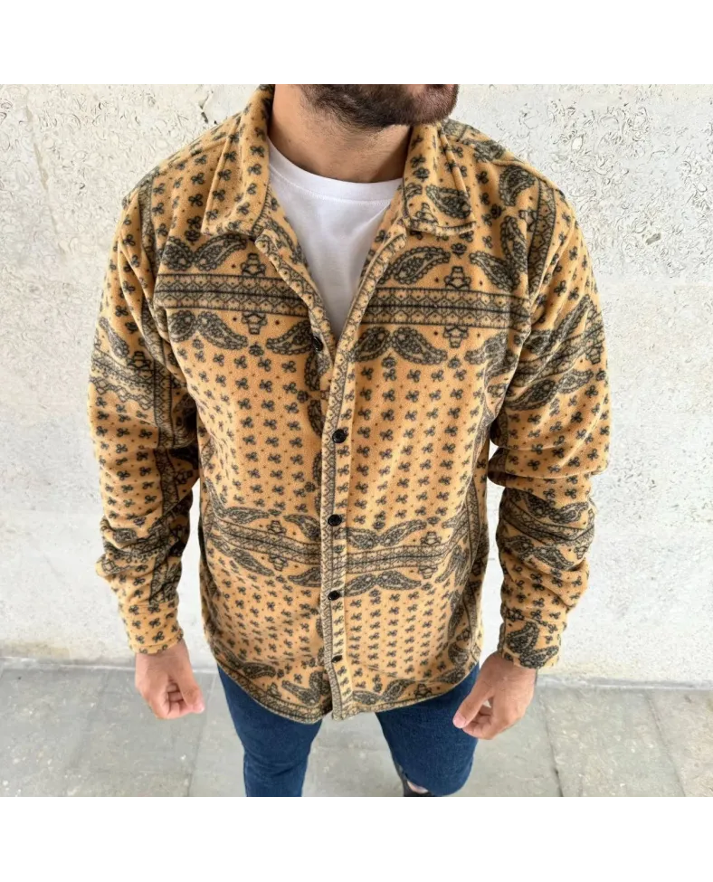 Erkek Polar Fermuarlı Sweatshirt Kapüşonsuz Cepli Yumuşak Dokulu Oversize Kalıp - Sarı