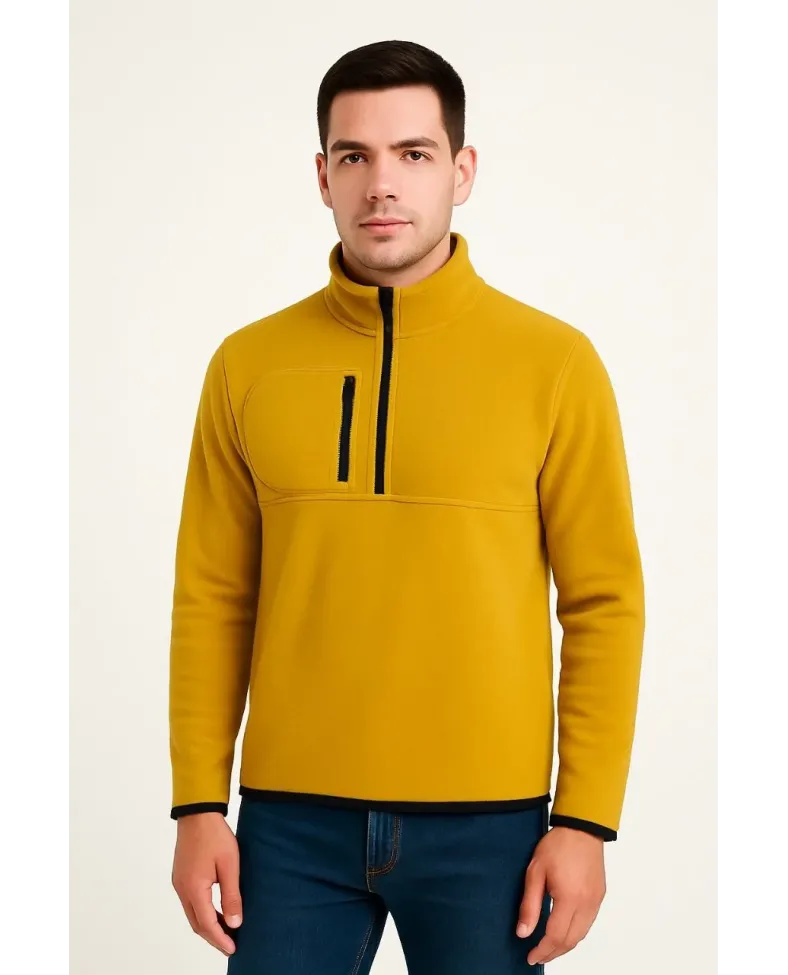 Erkek Polar Kazak Dik Yaka Yarım Fermuarlı Fermuarlı Göğüs Cepli Siyah Biyeli - Sarı