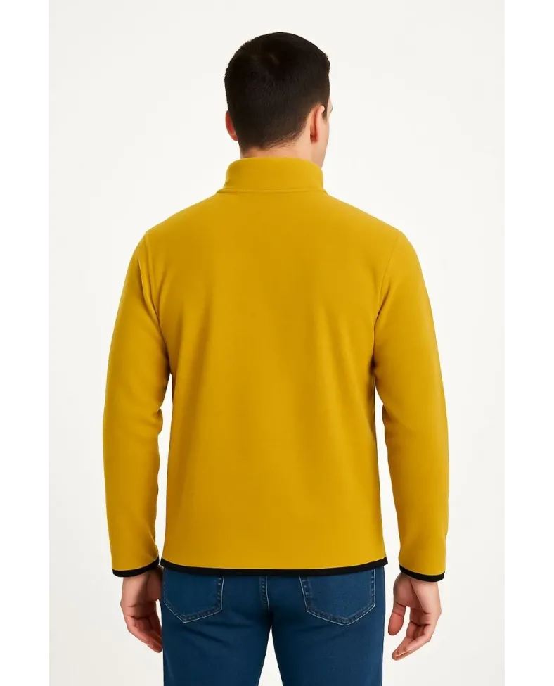 Erkek Polar Kazak Dik Yaka Yarım Fermuarlı Fermuarlı Göğüs Cepli Siyah Biyeli - Sarı