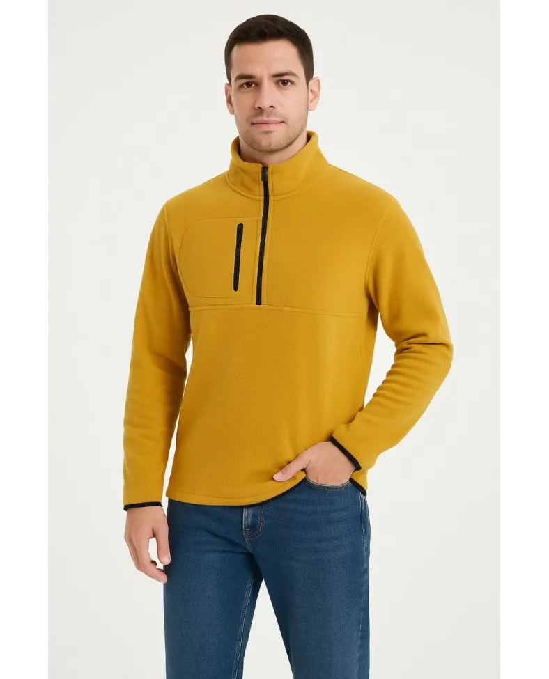 Erkek Polar Kazak Dik Yaka Yarım Fermuarlı Fermuarlı Göğüs Cepli Siyah Biyeli - Sarı