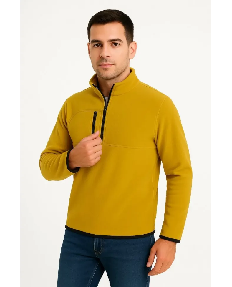 Erkek Polar Kazak Dik Yaka Yarım Fermuarlı Fermuarlı Göğüs Cepli Siyah Biyeli - Sarı