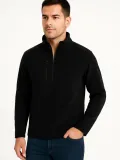 Erkek Polar Kazak Dik Yaka Yarım Fermuarlı Fermuarlı Göğüs Cepli Siyah Biyeli - Siyah