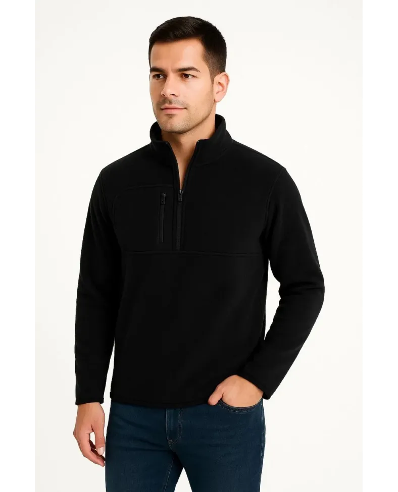 Erkek Polar Kazak Dik Yaka Yarım Fermuarlı Fermuarlı Göğüs Cepli Siyah Biyeli - Siyah