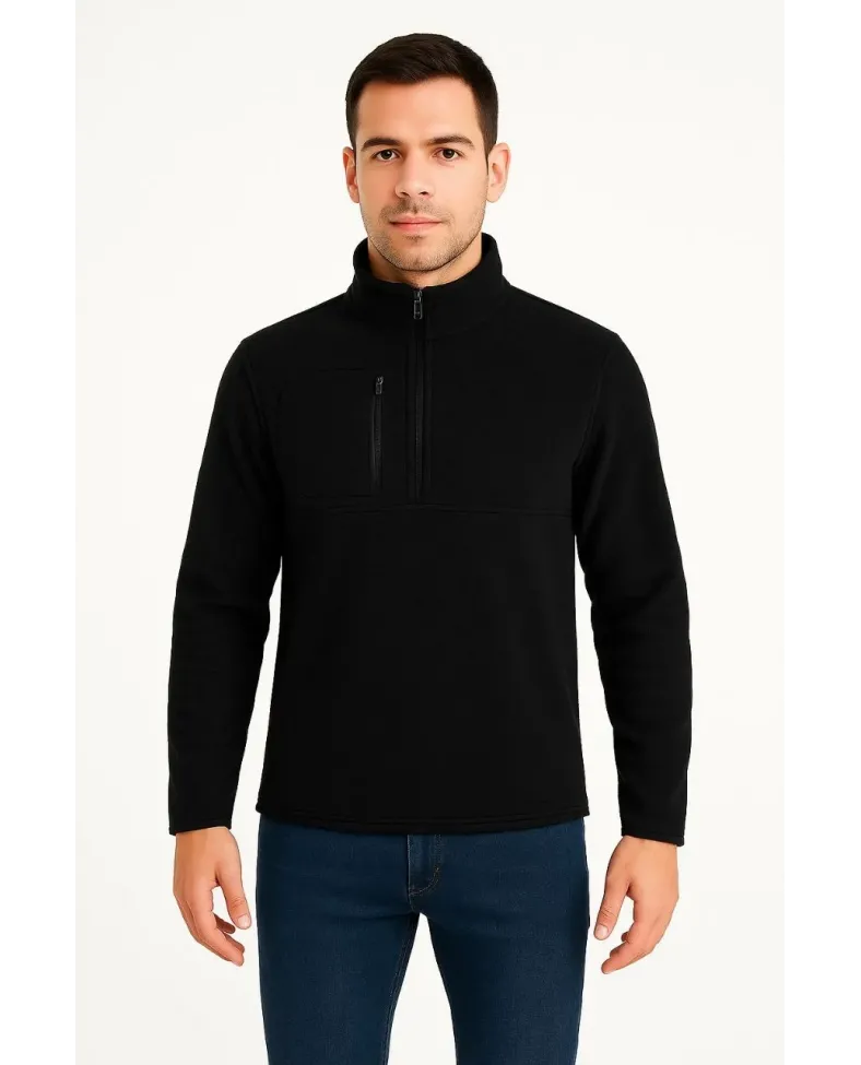 Erkek Polar Kazak Dik Yaka Yarım Fermuarlı Fermuarlı Göğüs Cepli Siyah Biyeli - Siyah