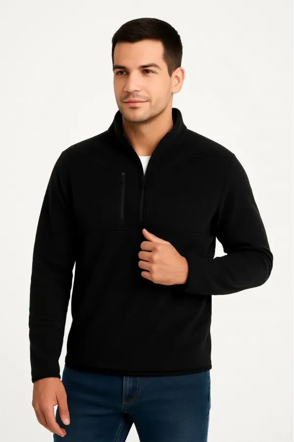 Erkek Polar Kazak Dik Yaka Yarım Fermuarlı Fermuarlı Göğüs Cepli Siyah Biyeli - Siyah