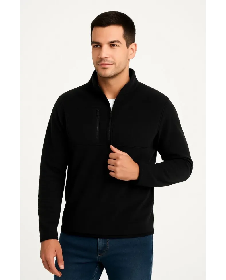 Erkek Polar Kazak Dik Yaka Yarım Fermuarlı Fermuarlı Göğüs Cepli Siyah Biyeli - Siyah