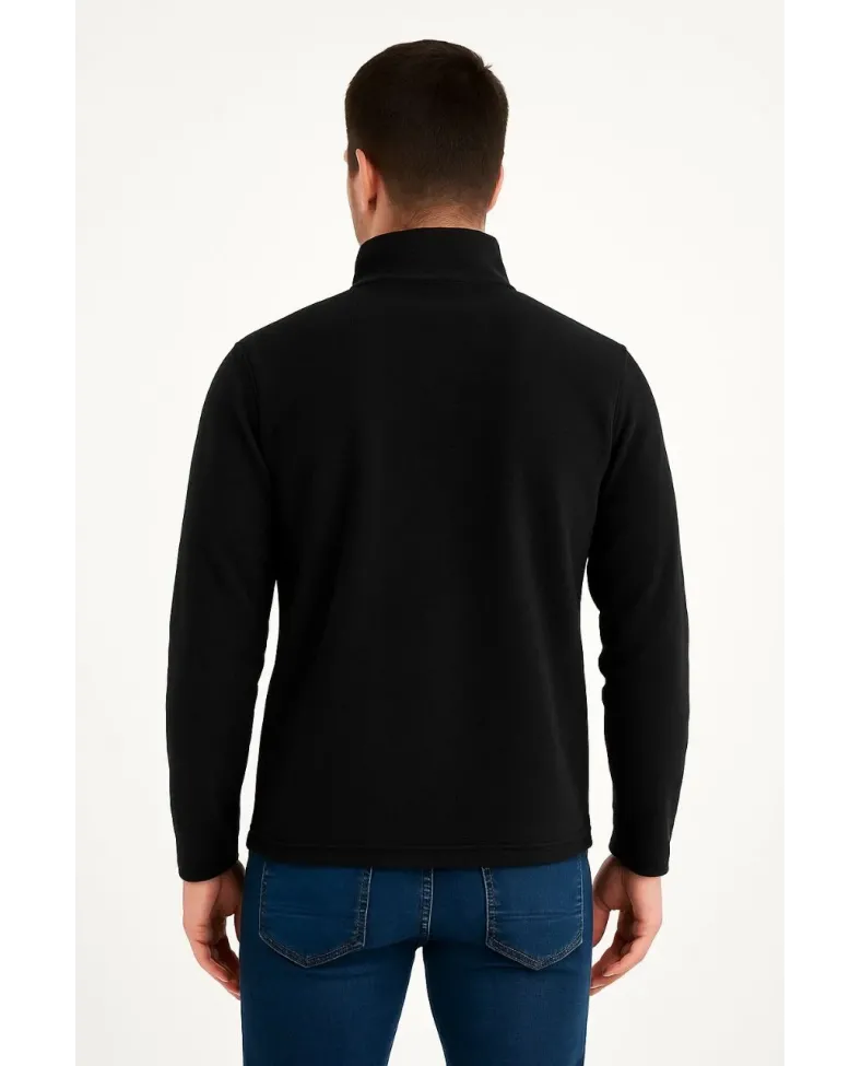 Erkek Polar Kazak Dik Yaka Yarım Fermuarlı Fermuarlı Göğüs Cepli Siyah Biyeli - Siyah